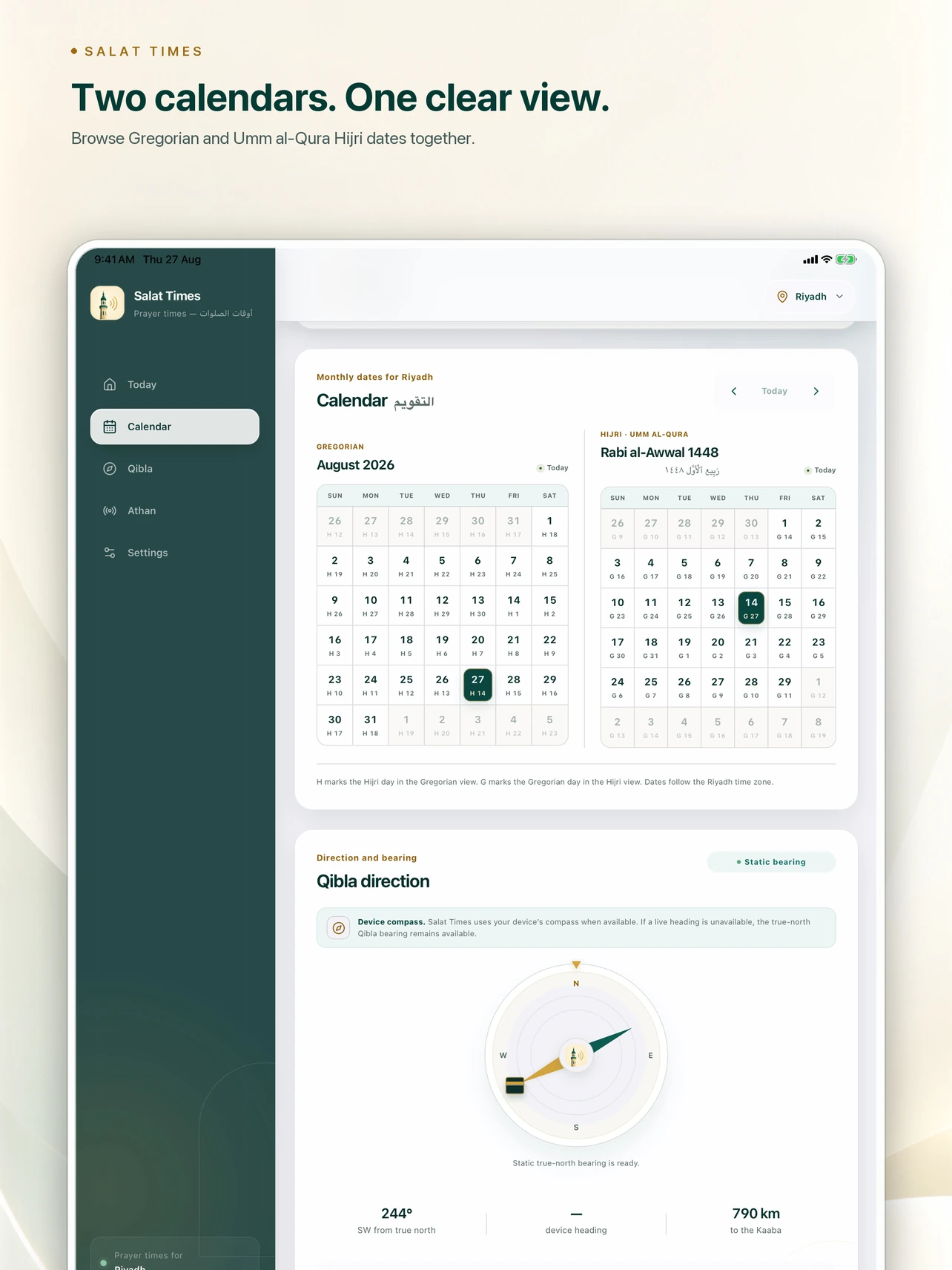 Salat Times Gregorian and Hijri calendar screen